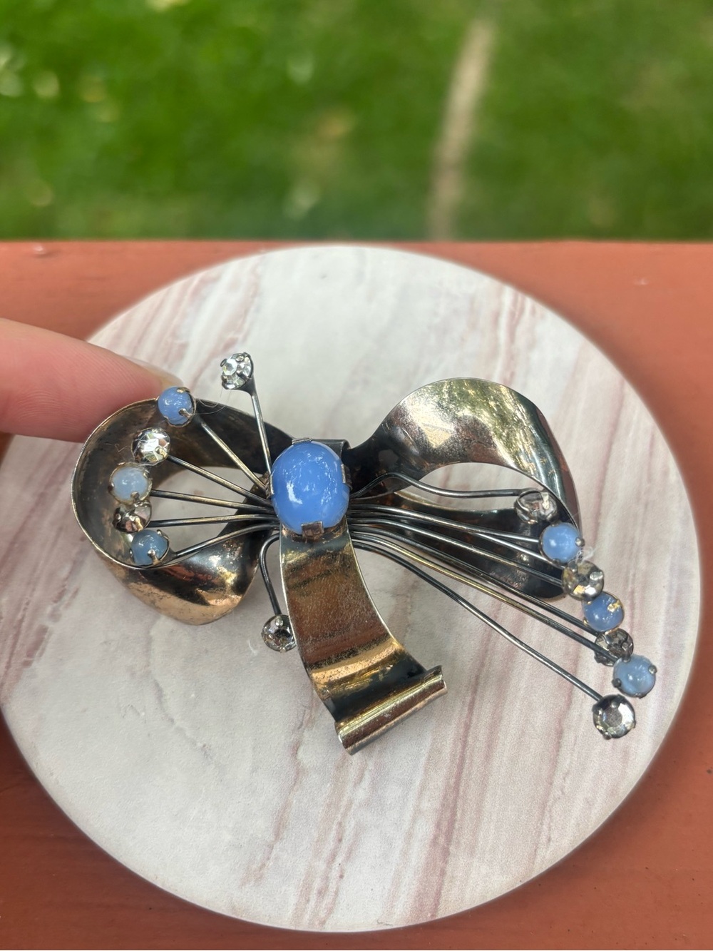 Vintage 1940s Sterling Silver Bow Brooch Blue Cabochon Glass Rhinestone Pin 20g